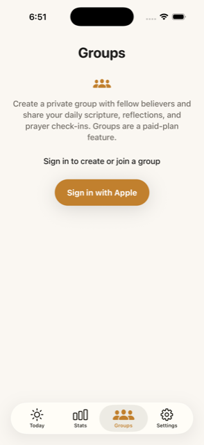 PGF Groups screen — each member's daily sharing and prayer check-ins