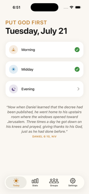 PGF Today screen — morning scripture entry and midday/evening prayer cards