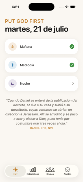 Pantalla Hoy de PGF — registro de la Escritura matutina y tarjetas de oración del mediodía y la noche